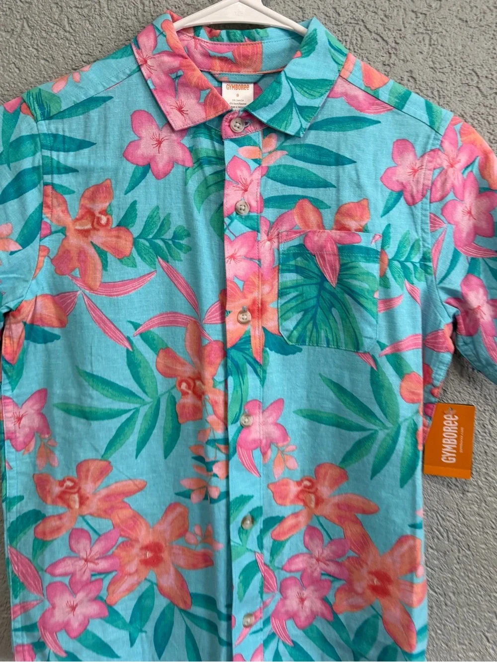Gymboree Turquoise Button-Down Shirt with Pink and Coral Floral Print